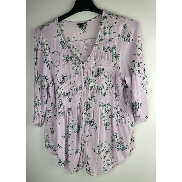 Torrid Crinkle Gauze Smocked Button-Front Top Floral Pink Womens Plus Size 2 2X - Picture 2 of 12